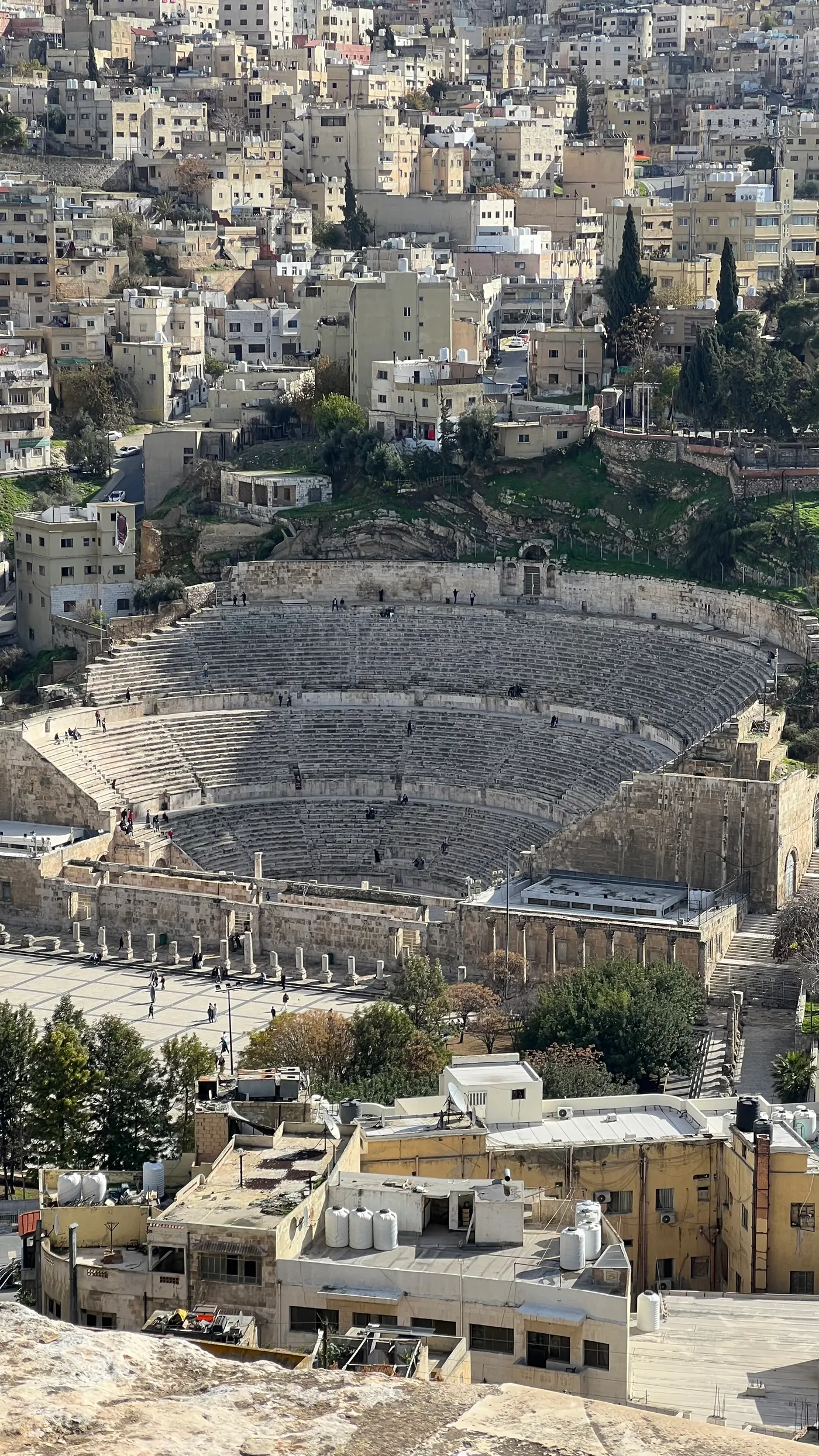 Ancient Roman amphitheatre in Amman, Jordan — view from the top rows